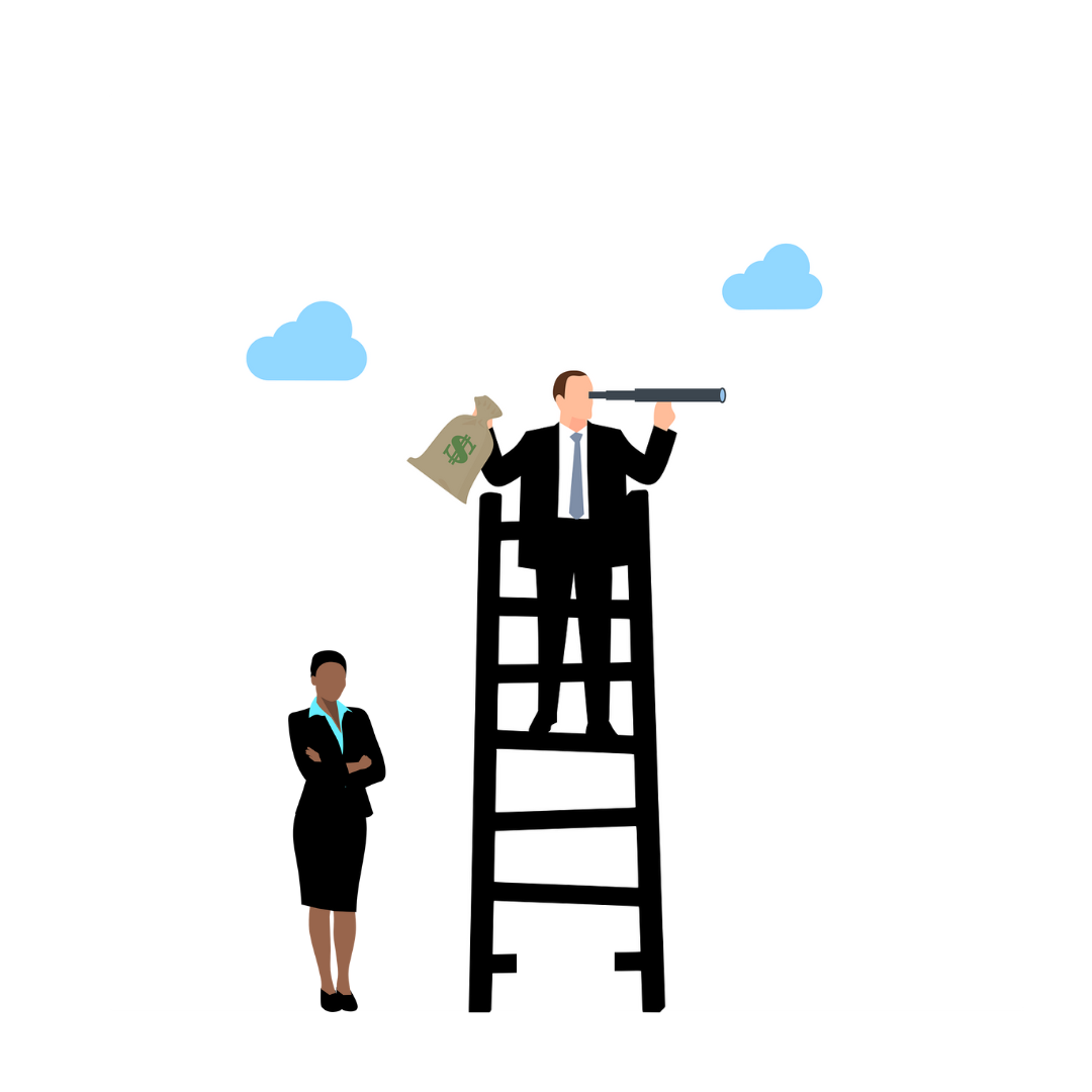 Illustrated image of a man high on the ladder holding his bag of money, with a woman of color standing at the bottom, where there is a broken rung.